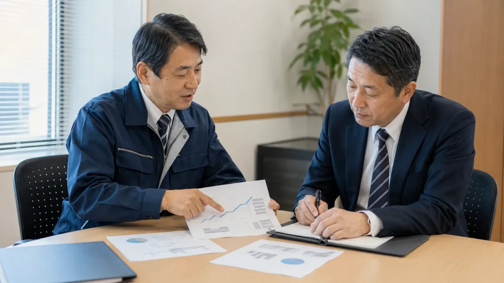改定見積書と価格推移を示して値上げを協議する製造業担当者