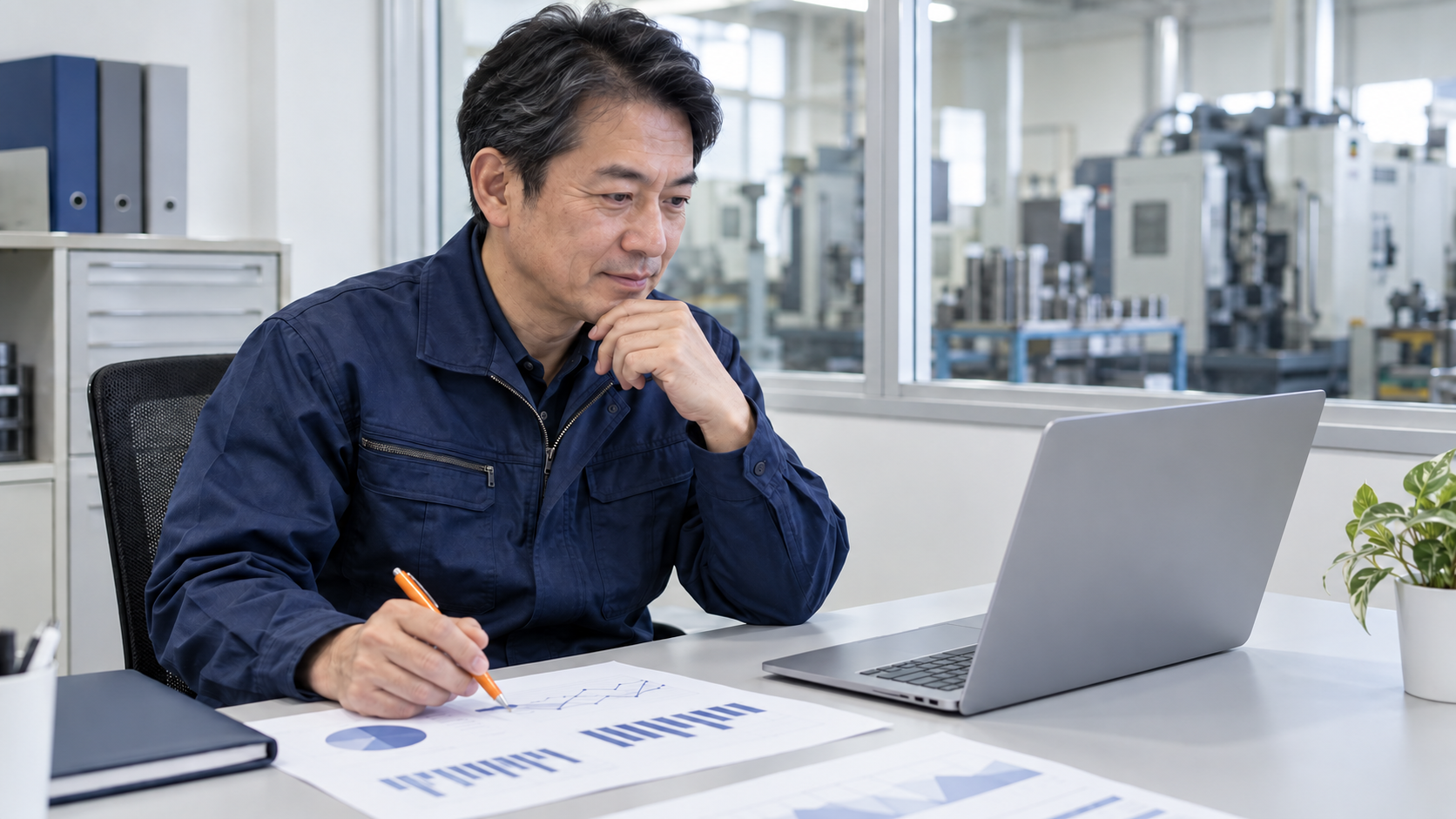 町工場の事務所で価格交渉の資料を確認するビジネスパーソン